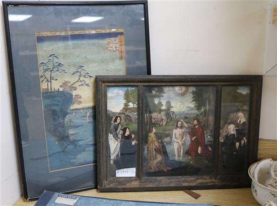 A folio of assorted prints, a Japanese woodblock print and sundries